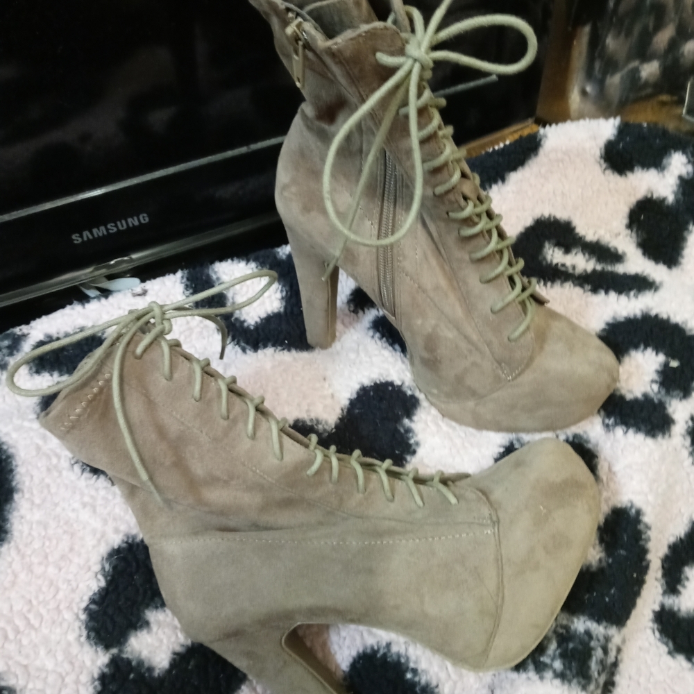 Tan laced up stilettos